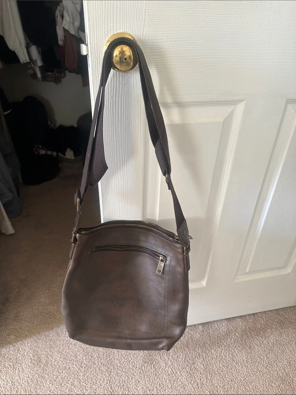 Louis Vuitton Tan Canvas Duffel Bag Interior with Brown Leather Patch